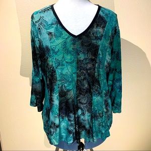 Shannon Ford NY Teal & Black Boho Print Knit Shirt with Velvet Flocking Size XL
